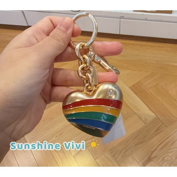 NWT Coach Rainbow Heart Brass Enamel Bag Charm Keychain Fob with Pouch CAX71 - Picture 1 of 6